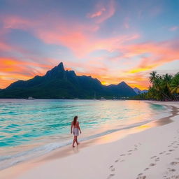 A breathtaking tropical paradise at sunset, featuring pristine white sandy beaches, crystal clear turquoise waters, and swaying palm trees