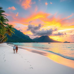 A breathtaking tropical paradise at sunset, featuring pristine white sandy beaches, crystal clear turquoise waters, and swaying palm trees