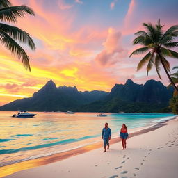 A breathtaking tropical paradise at sunset, featuring pristine white sandy beaches, crystal clear turquoise waters, and swaying palm trees