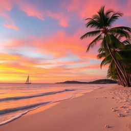 A serene landscape depicting a tranquil beach scene during sunset