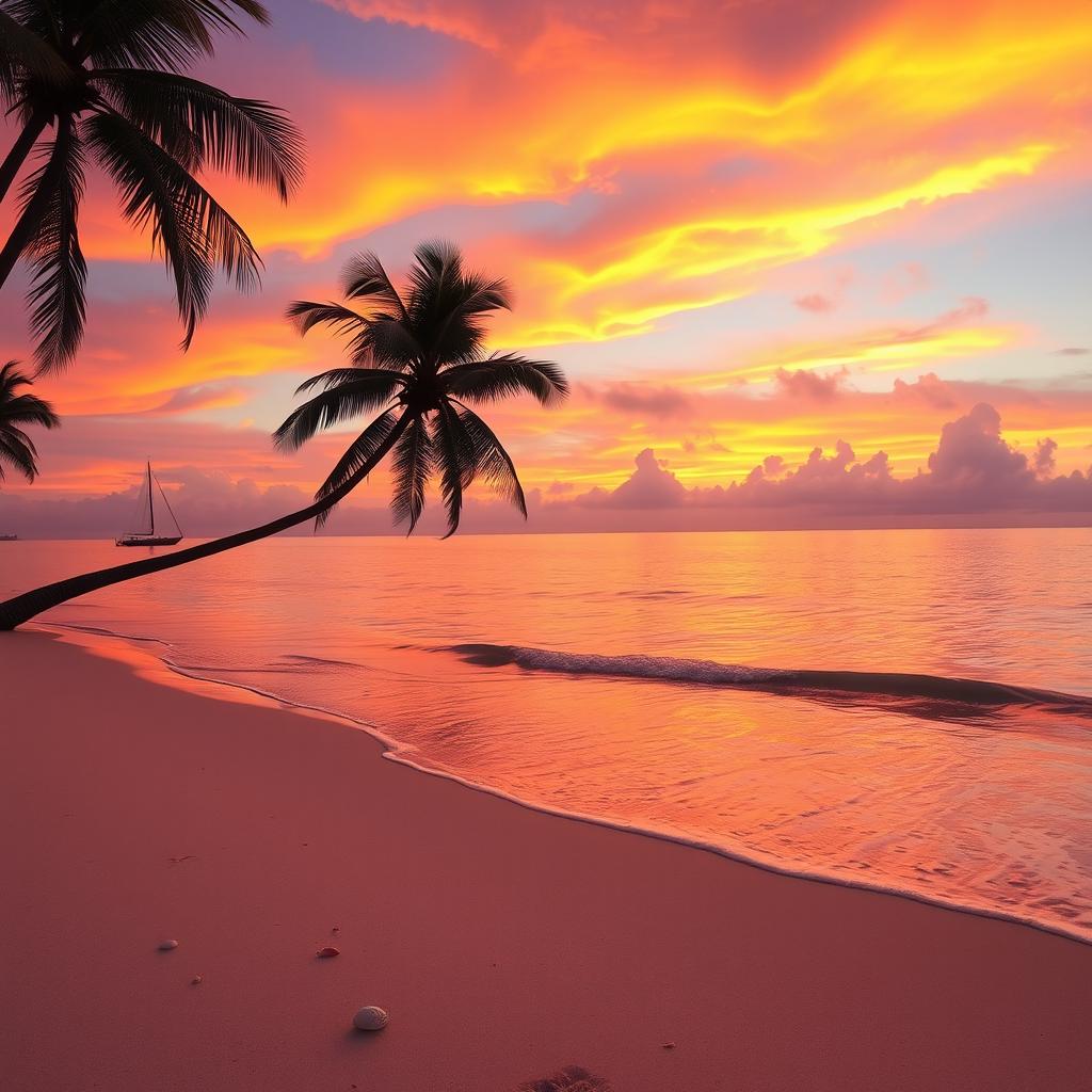 A serene landscape depicting a tranquil beach scene during sunset