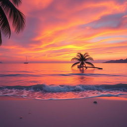 A serene landscape depicting a tranquil beach scene during sunset