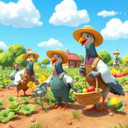 A vibrant 3D cartoon scene featuring human-like pigeons engaged in farming activities