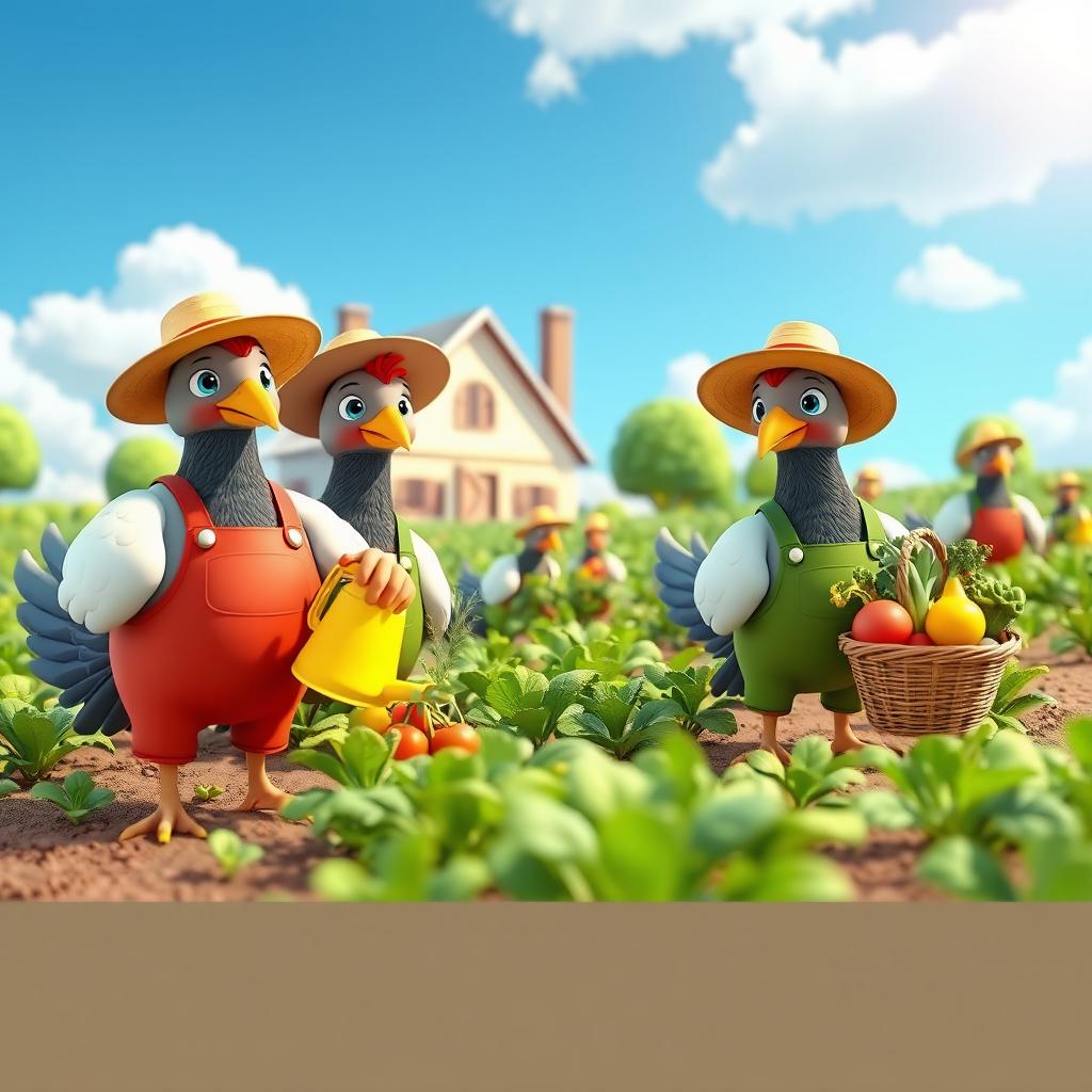 A vibrant 3D cartoon scene featuring human-like pigeons engaged in farming activities