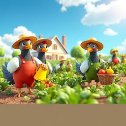 A vibrant 3D cartoon scene featuring human-like pigeons engaged in farming activities