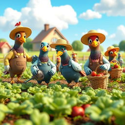 A vibrant 3D cartoon scene featuring human-like pigeons engaged in farming activities
