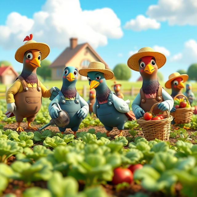 A vibrant 3D cartoon scene featuring human-like pigeons engaged in farming activities