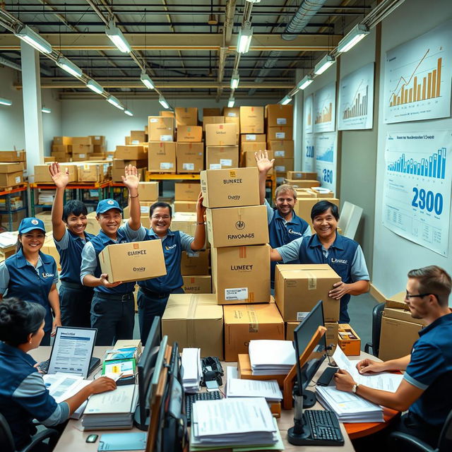 A vibrant and uplifting scene depicting a bustling warehouse environment where supplier shipments are arriving