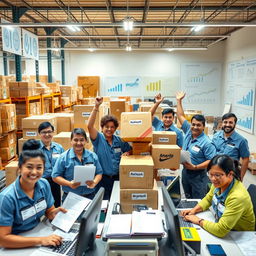 A vibrant and uplifting scene depicting a bustling warehouse environment where supplier shipments are arriving