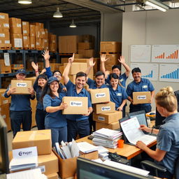 A vibrant and uplifting scene depicting a bustling warehouse environment where supplier shipments are arriving