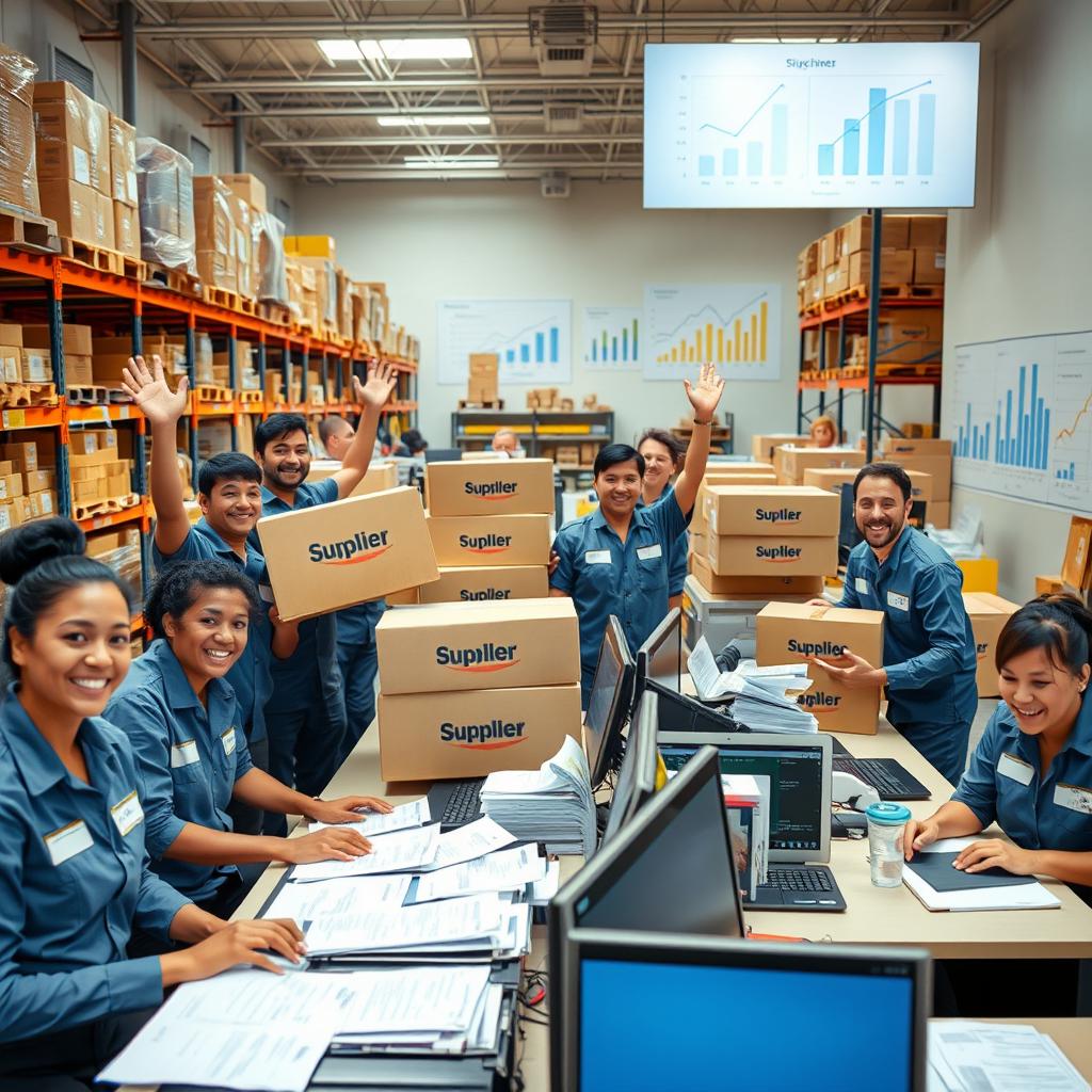 A vibrant and uplifting scene depicting a bustling warehouse environment where supplier shipments are arriving