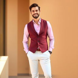 A stylish man wearing a pink shirt and white pants, complemented by a sophisticated wine-colored waistcoat