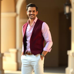 A stylish man wearing a pink shirt and white pants, complemented by a sophisticated wine-colored waistcoat