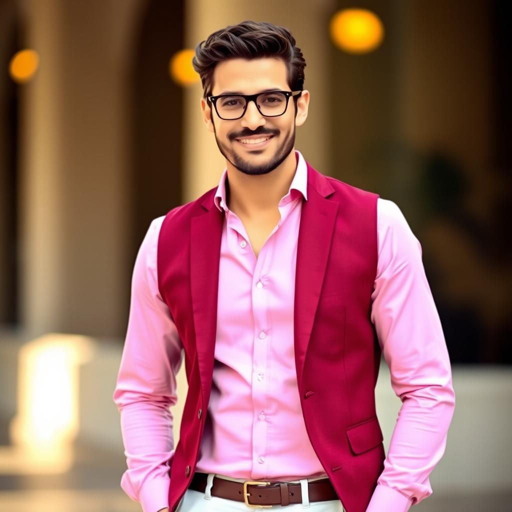 A stylish man wearing a pink shirt and white pants, complemented by a sophisticated wine-colored waistcoat