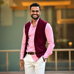 A stylish man wearing a pink shirt and white pants, complemented by a sophisticated wine-colored waistcoat