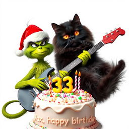 A grumpy Grinch, characteristically green and wearing a red Santa hat, is animatedly playing an electric guitar with a frustrated expression