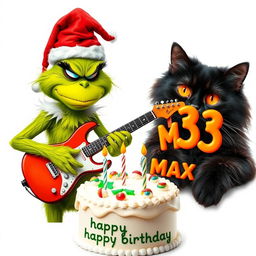A grumpy Grinch, characteristically green and wearing a red Santa hat, is animatedly playing an electric guitar with a frustrated expression