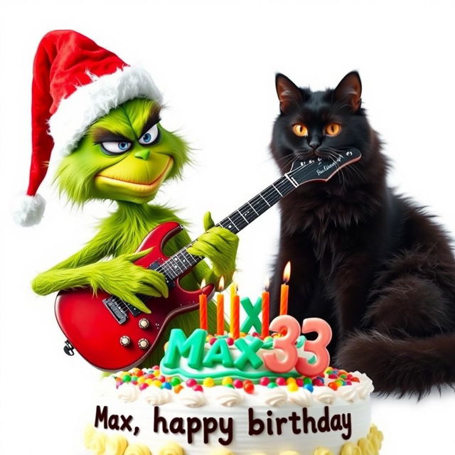 A grumpy Grinch, characteristically green and wearing a red Santa hat, is animatedly playing an electric guitar with a frustrated expression