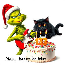 A grumpy Grinch, characteristically green and wearing a red Santa hat, is animatedly playing an electric guitar with a frustrated expression