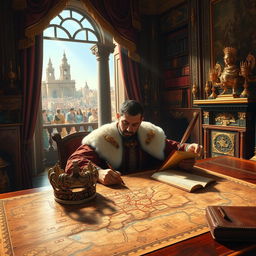 A regal scene of a king in his richly decorated royal chamber, seated thoughtfully at a grand wooden table