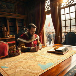 A regal scene of a king in his richly decorated royal chamber, seated thoughtfully at a grand wooden table