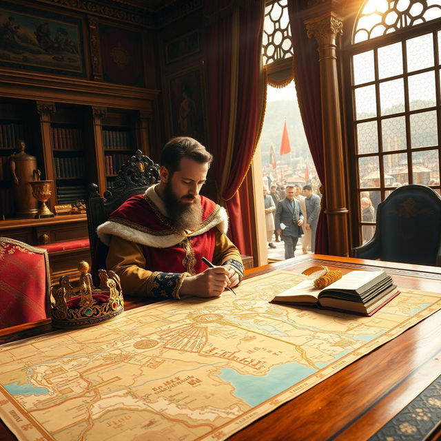 A regal scene of a king in his richly decorated royal chamber, seated thoughtfully at a grand wooden table