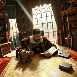 A regal scene of a king in his richly decorated royal chamber, seated thoughtfully at a grand wooden table