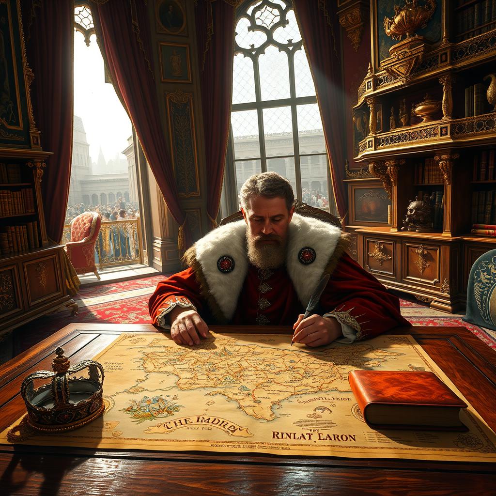 A regal scene of a king in his richly decorated royal chamber, seated thoughtfully at a grand wooden table