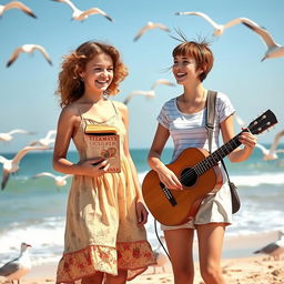 On a sunny beach day, two girls stand side by side, surrounded by seagulls
