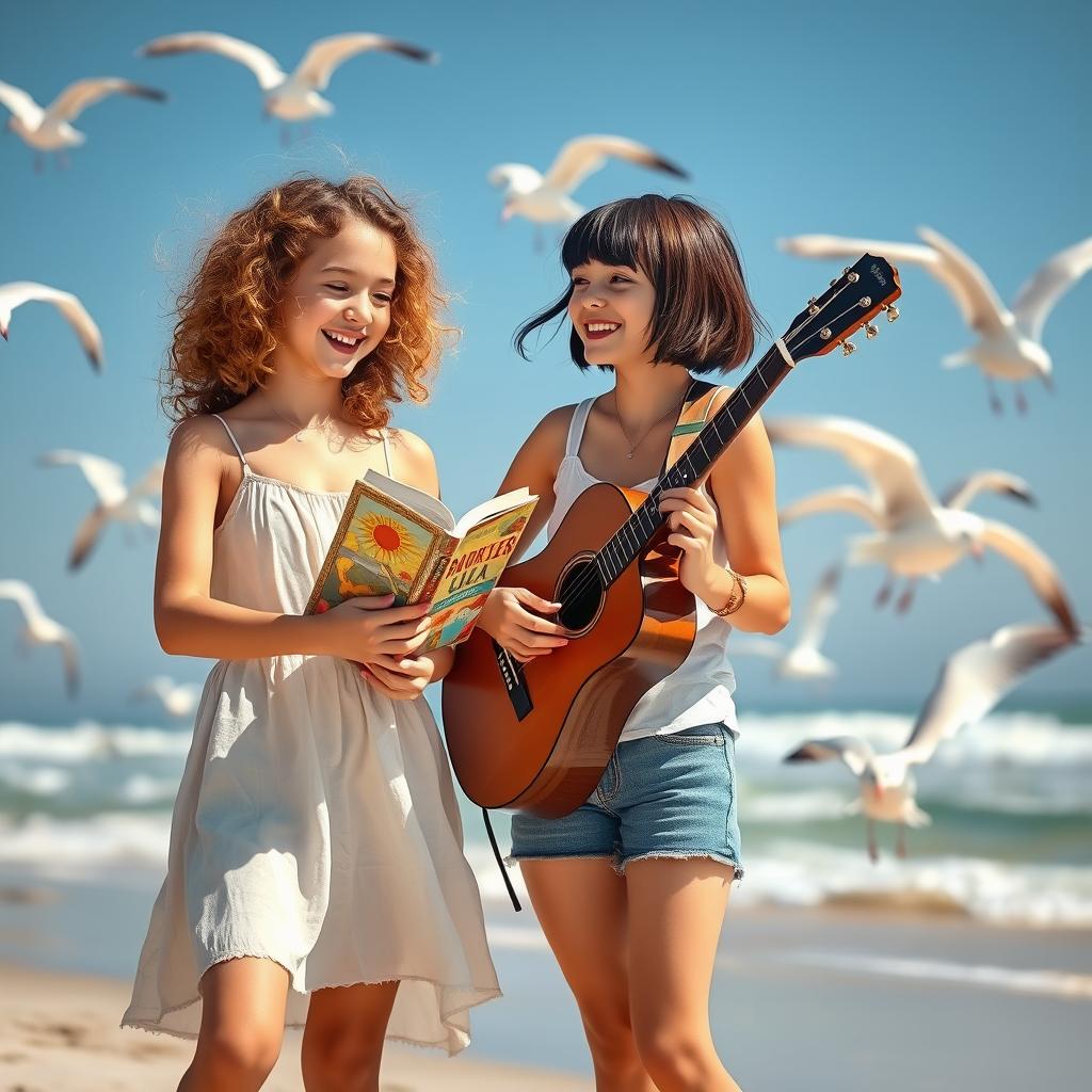 On a sunny beach day, two girls stand side by side, surrounded by seagulls