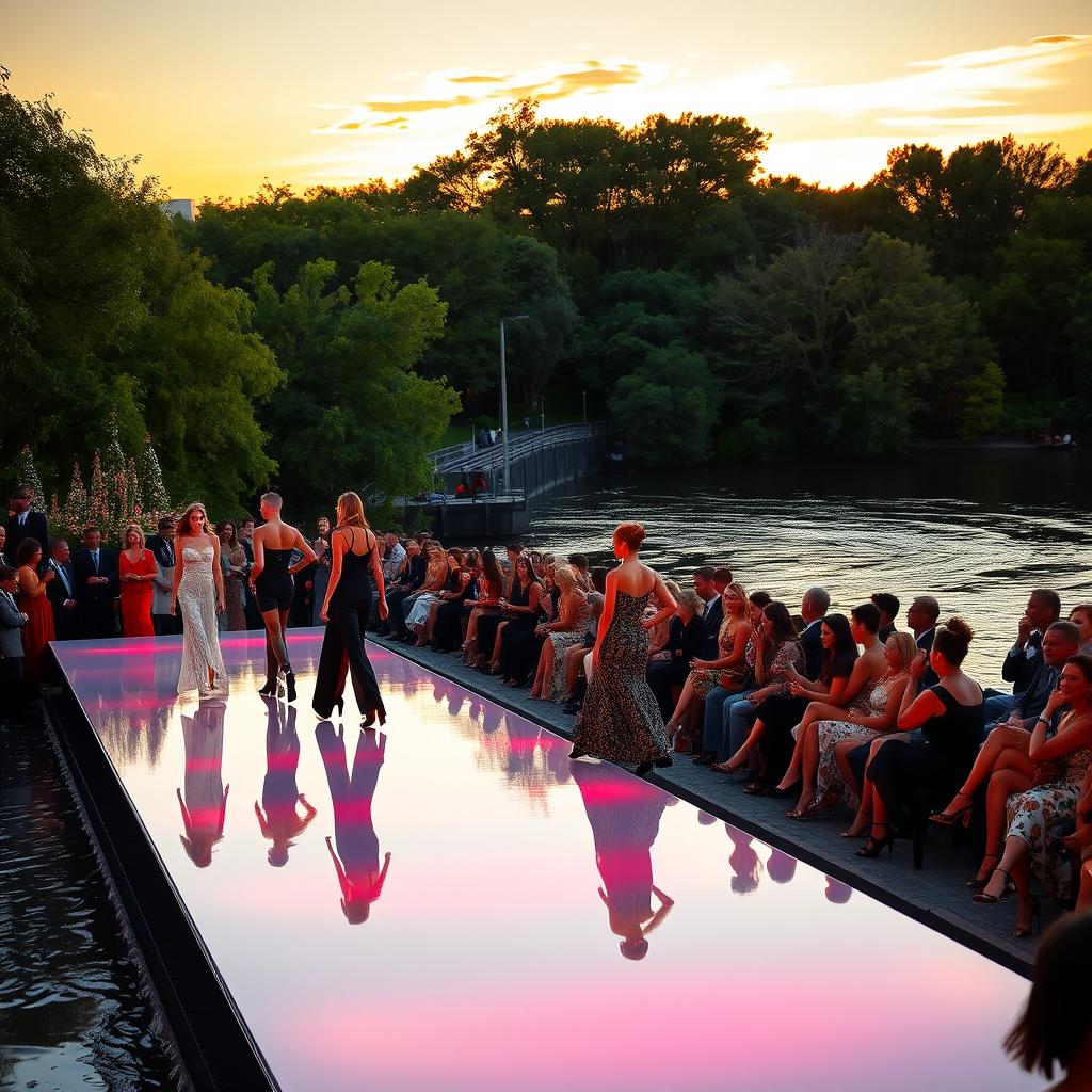 A stunning scene of a fashion catwalk set along the edge of a serene river, featuring elegant models showcasing high-fashion outfits