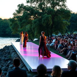 A stunning scene of a fashion catwalk set along the edge of a serene river, featuring elegant models showcasing high-fashion outfits