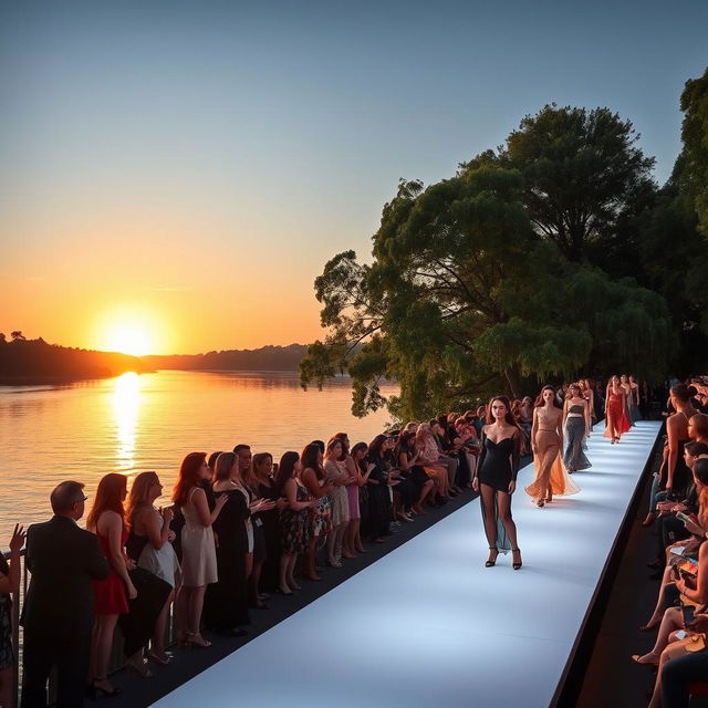 A stunning scene of a fashion catwalk set along the edge of a serene river, featuring elegant models showcasing high-fashion outfits