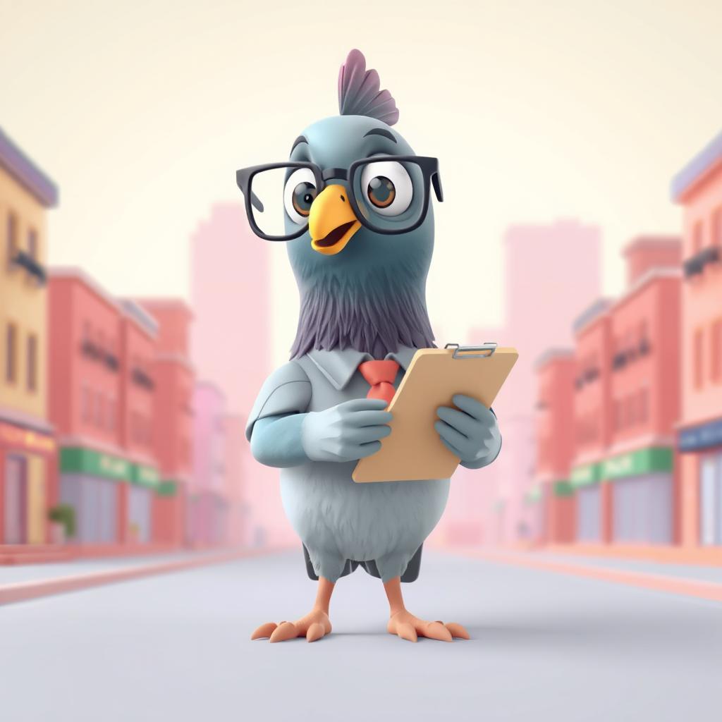 A 3D cartoon-style human-like pigeon standing upright, wearing glasses and holding a clipboard