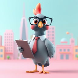 A 3D cartoon-style human-like pigeon standing upright, wearing glasses and holding a clipboard