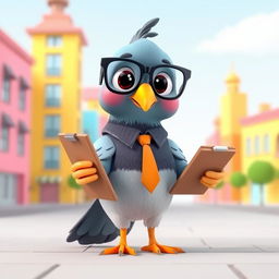 A 3D cartoon-style human-like pigeon standing upright, wearing glasses and holding a clipboard