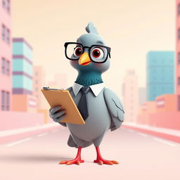 A 3D cartoon-style human-like pigeon standing upright, wearing glasses and holding a clipboard