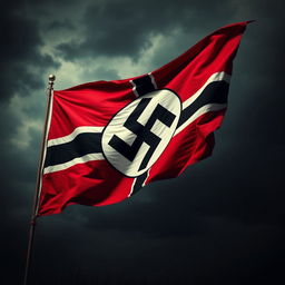 A historical representation of a Nazi flag, set dramatically within a dark atmospheric context that highlights its stark colors of red, white, and black