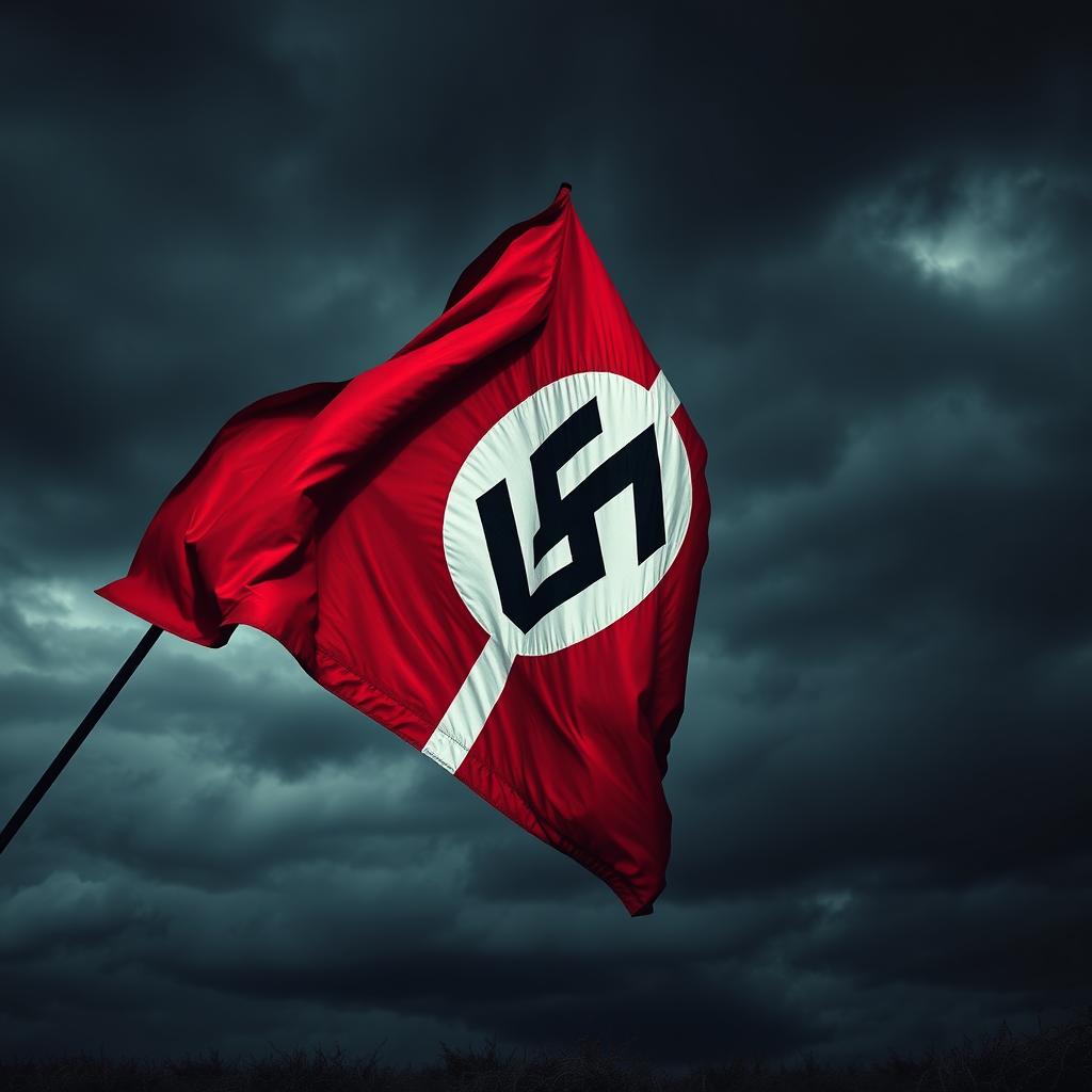 A historical representation of a Nazi flag, set dramatically within a dark atmospheric context that highlights its stark colors of red, white, and black