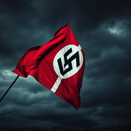 A historical representation of a Nazi flag, set dramatically within a dark atmospheric context that highlights its stark colors of red, white, and black