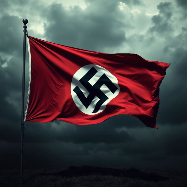 A historical representation of a Nazi flag, set dramatically within a dark atmospheric context that highlights its stark colors of red, white, and black