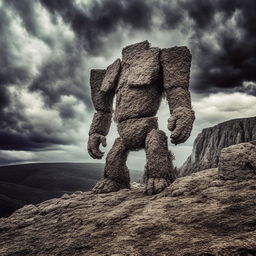 A towering stone golem standing mightily amidst a rocky terrain under a stormy sky.