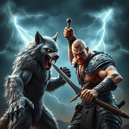 An intense showdown featuring a wolfman and a warrior, both positioned in fierce and angry stances