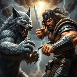 An intense showdown featuring a wolfman and a warrior, both positioned in fierce and angry stances