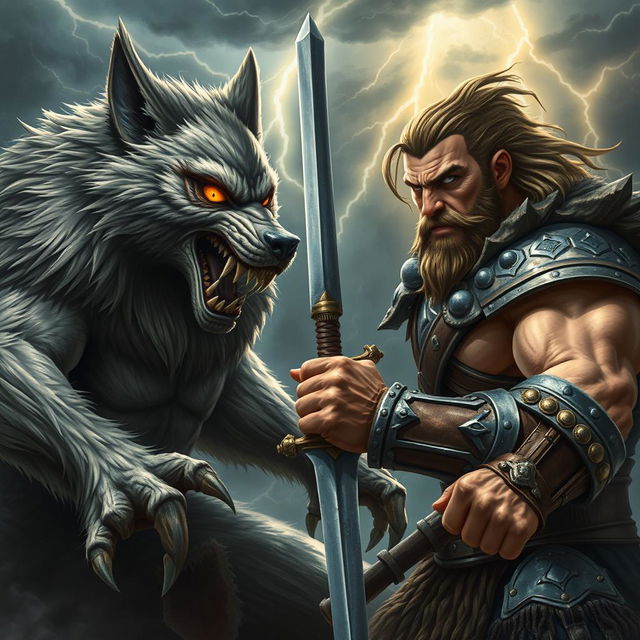 An intense showdown featuring a wolfman and a warrior, both positioned in fierce and angry stances