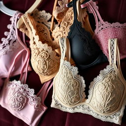A stunning close-up of various stylish bras displayed elegantly on a velvet background