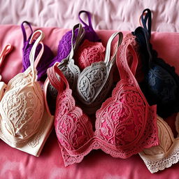 A stunning close-up of various stylish bras displayed elegantly on a velvet background