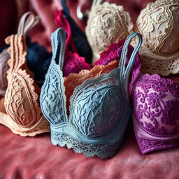 A stunning close-up of various stylish bras displayed elegantly on a velvet background
