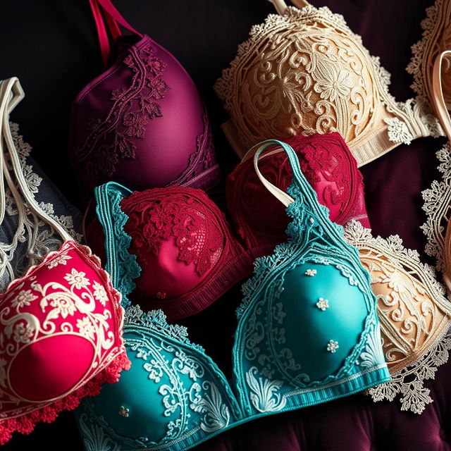 A stunning close-up of various stylish bras displayed elegantly on a velvet background