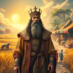 A powerful ancient king with a majestic presence walks through his lush kingdom, observing the contrasts of life